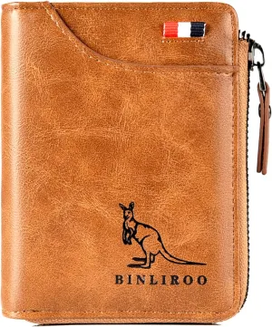 Leather Wallet for Men with zipper, RFID blocking bifold wallets with Separate ID Card window Cartera Para Hombre(khaki)