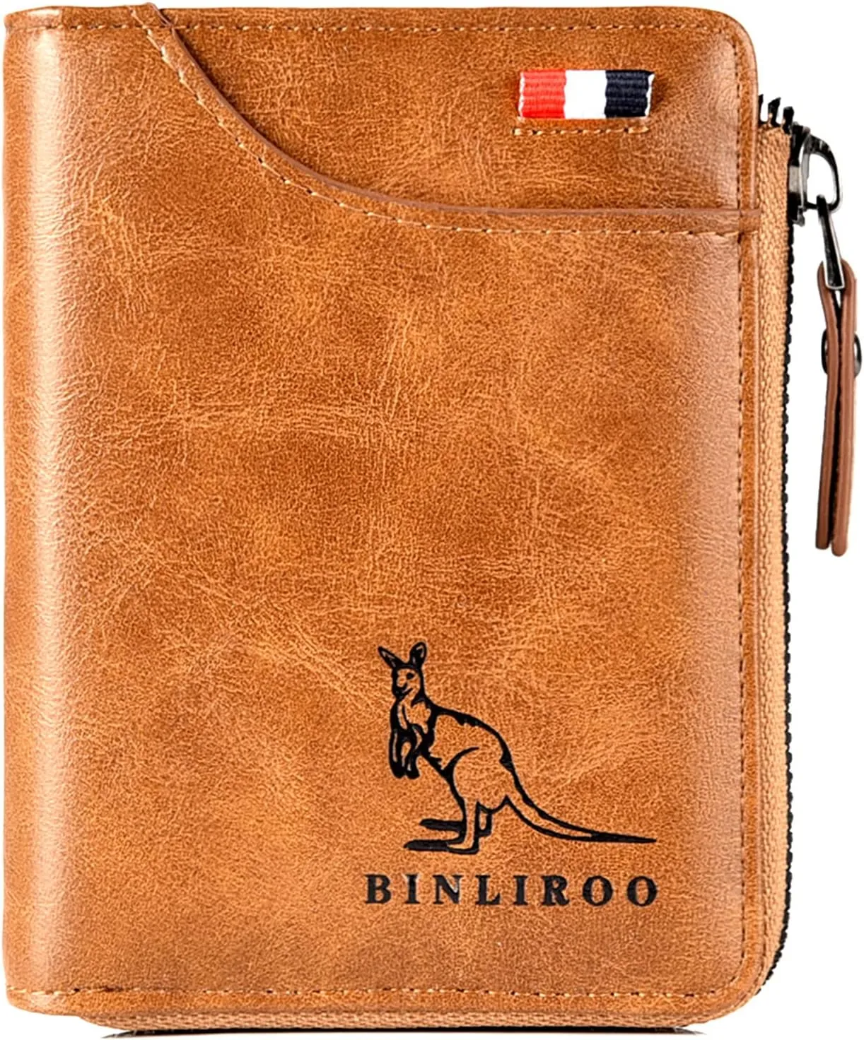 Leather Wallet for Men with zipper, RFID blocking bifold wallets with Separate ID Card window Cartera Para Hombre(khaki)