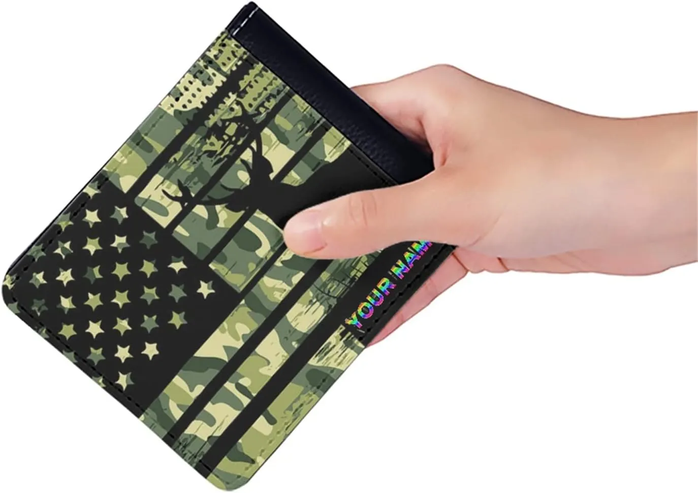 LedBack American Flag Deer Hunting Camo US Flag Slim Personalized Wallet for Mens Leather Bi-fold Wallets with Credit Card Holder Money Organzier