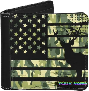 LedBack American Flag Deer Hunting Camo US Flag Slim Personalized Wallet for Mens Leather Bi-fold Wallets with Credit Card Holder Money Organzier
