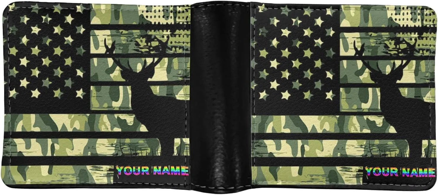 LedBack American Flag Deer Hunting Camo US Flag Slim Personalized Wallet for Mens Leather Bi-fold Wallets with Credit Card Holder Money Organzier