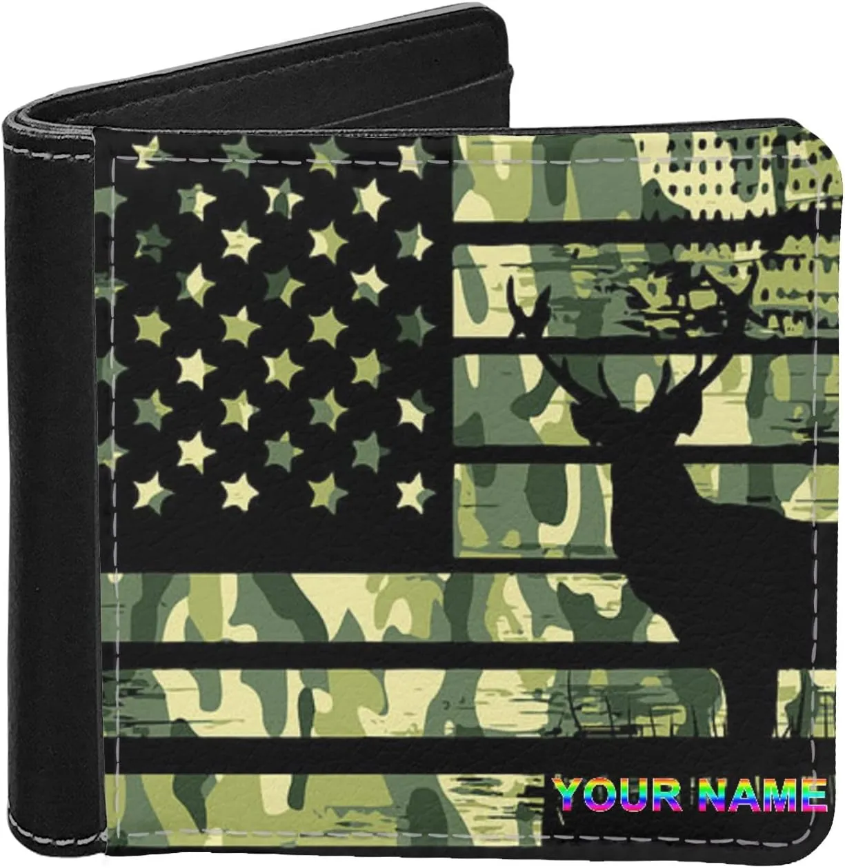 LedBack American Flag Deer Hunting Camo US Flag Slim Personalized Wallet for Mens Leather Bi-fold Wallets with Credit Card Holder Money Organzier