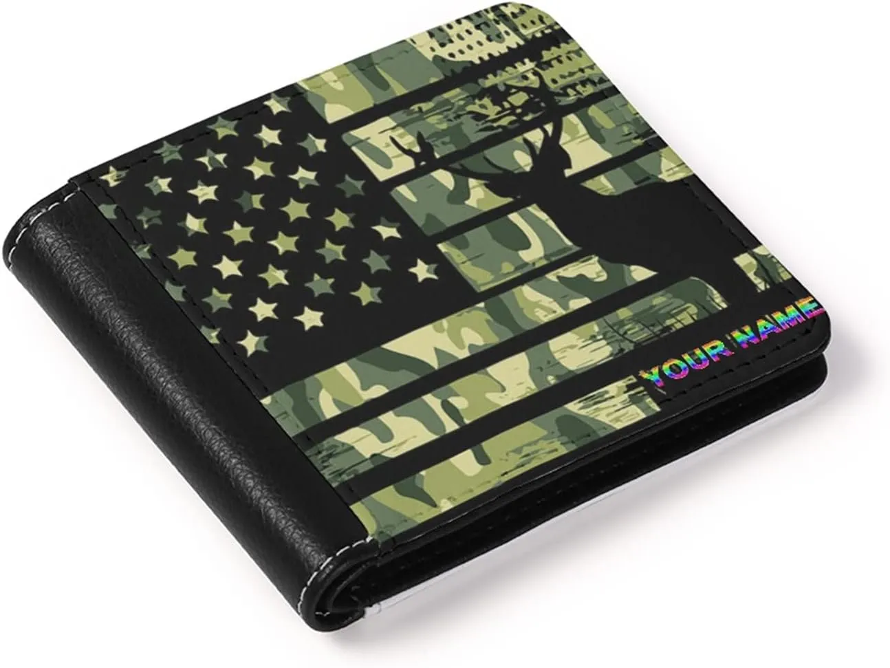LedBack American Flag Deer Hunting Camo US Flag Slim Personalized Wallet for Mens Leather Bi-fold Wallets with Credit Card Holder Money Organzier