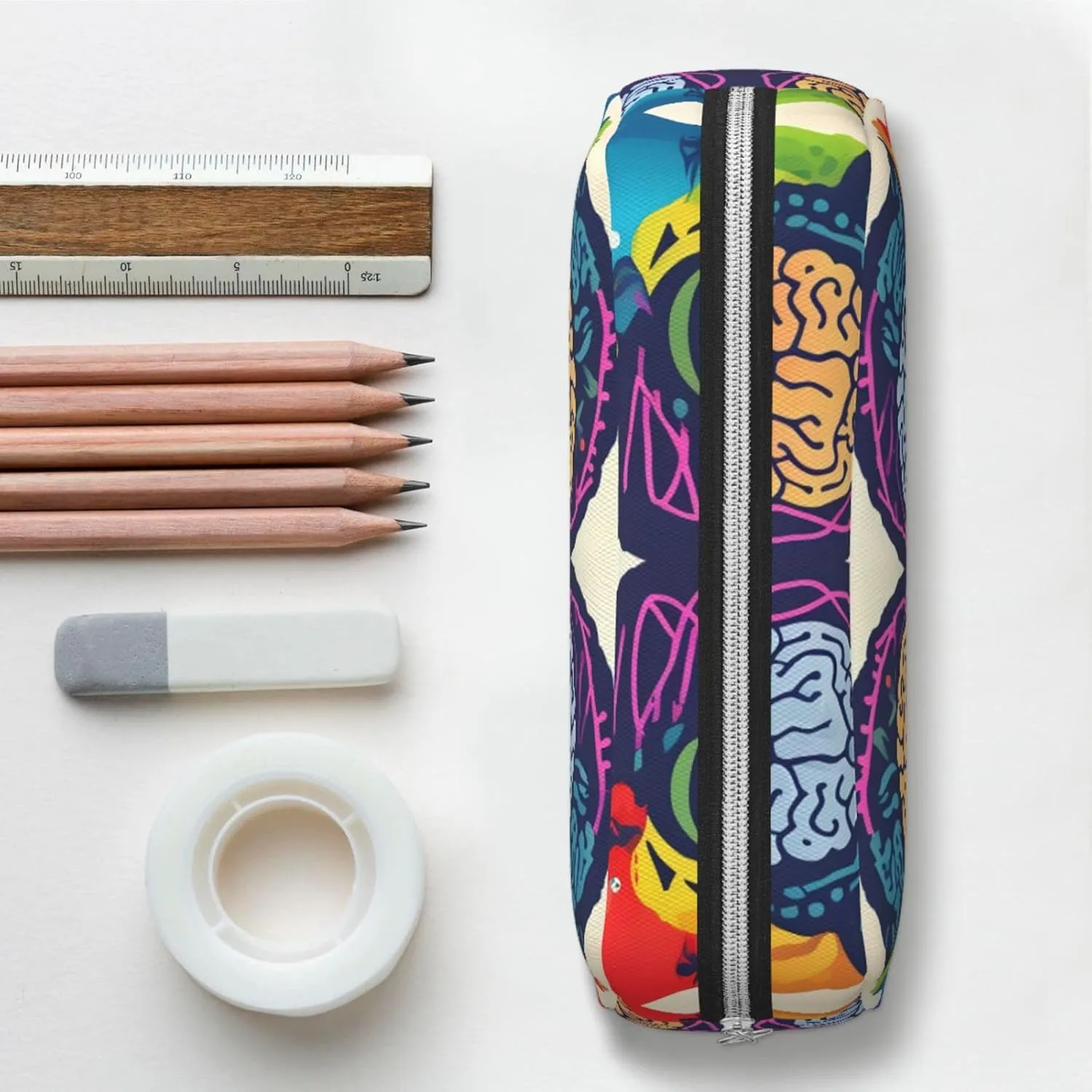 Left And Right Brain Advantage Print Large Capacity Pencil Case,Pencil Pouch With Zipper, Durable Leather Pen Bag For Office, Travel