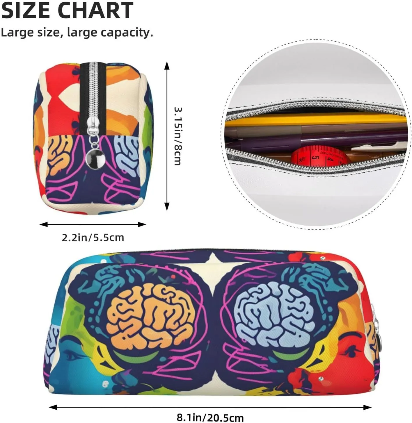 Left And Right Brain Advantage Print Large Capacity Pencil Case,Pencil Pouch With Zipper, Durable Leather Pen Bag For Office, Travel