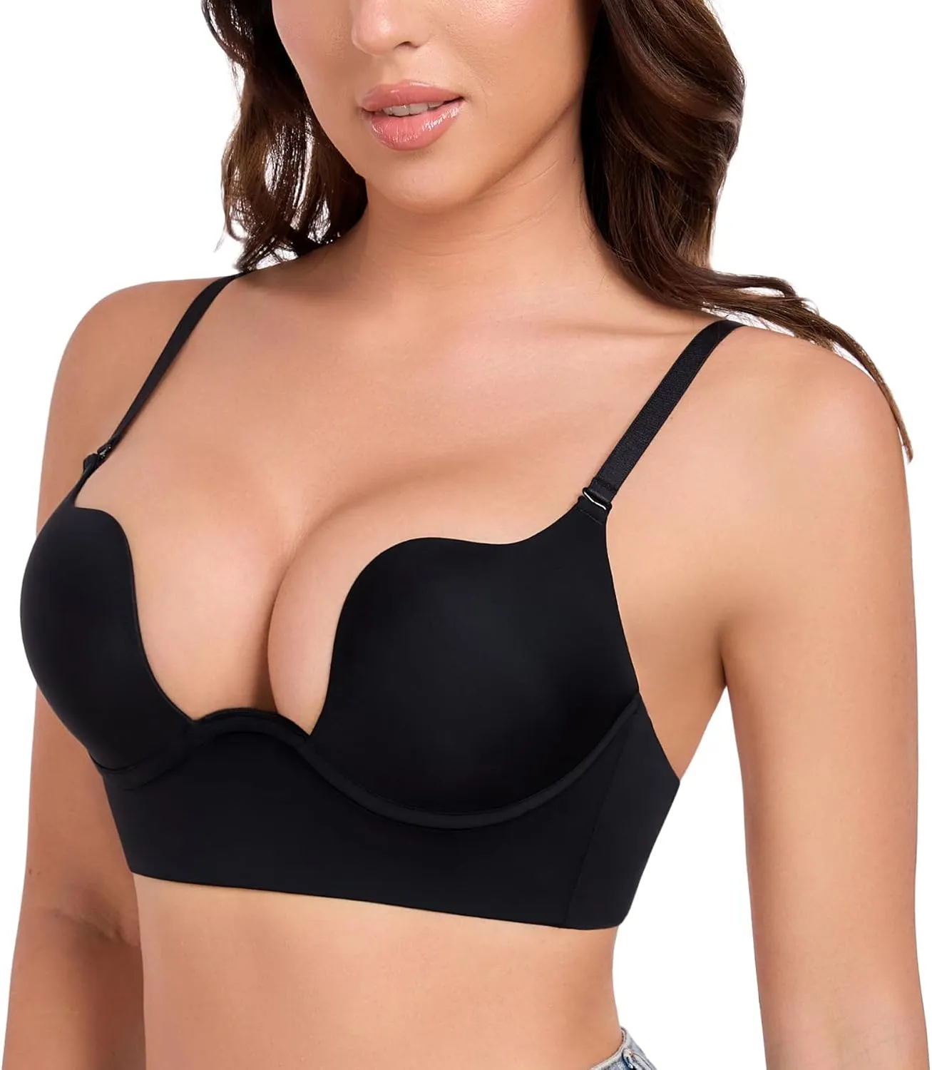 Lemorosy Plunge U Backless Push Up Bra Multiway Convertible Low Cut Lifting Support Underwire Bras for Women