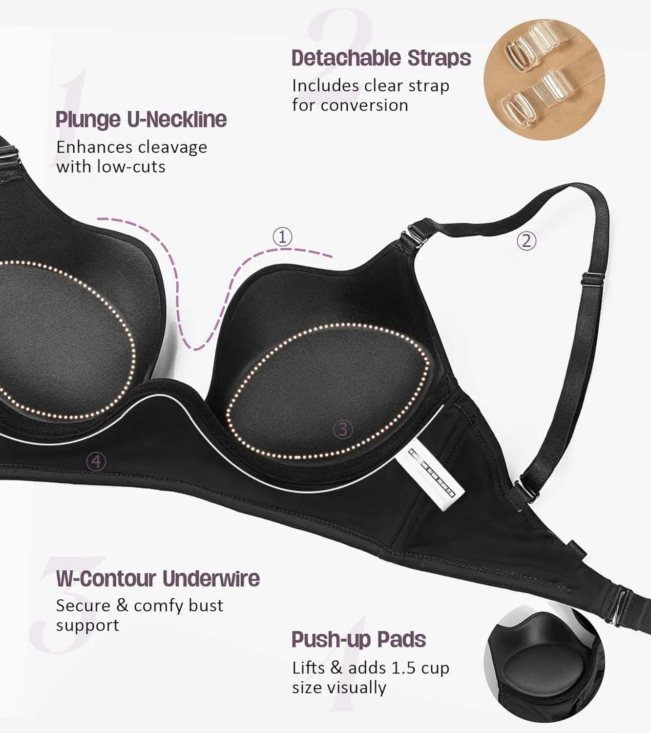 Lemorosy Plunge U Backless Push Up Bra Multiway Convertible Low Cut Lifting Support Underwire Bras for Women