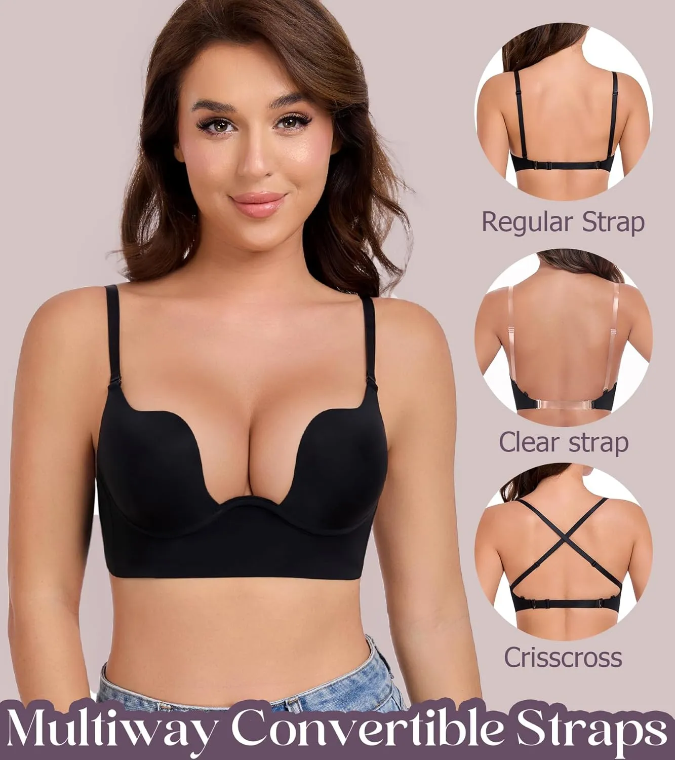 Lemorosy Plunge U Backless Push Up Bra Multiway Convertible Low Cut Lifting Support Underwire Bras for Women