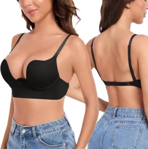 Lemorosy Plunge U Backless Push Up Bra Multiway Convertible Low Cut Lifting Support Underwire Bras for Women