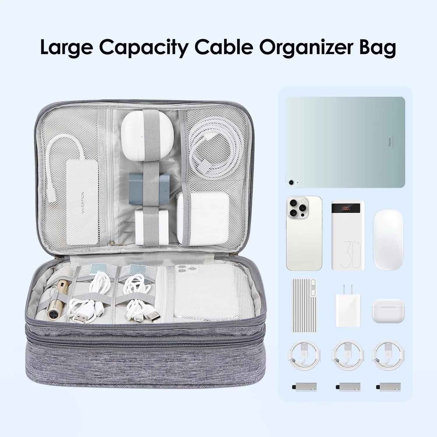 LENTION Cable Electronics Organizer Bag Pouch, Travel Accessories Carry Case Waterproof Double Layers All-in-One Storage Bag Carrying for Cord, Charger, Power Bank, Earphone Grey