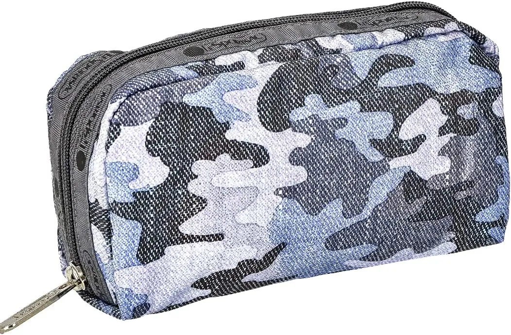LeSportsac Camo Canvas Indigo Rectangular Cosmetic Bag, Style 6511/Color F545 Modern Denim Inspired Heather Camouflage in Blue & Grey