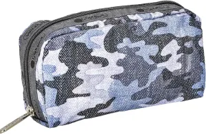 LeSportsac Camo Canvas Indigo Rectangular Cosmetic Bag, Style 6511/Color F545 Modern Denim Inspired Heather Camouflage in Blue & Grey