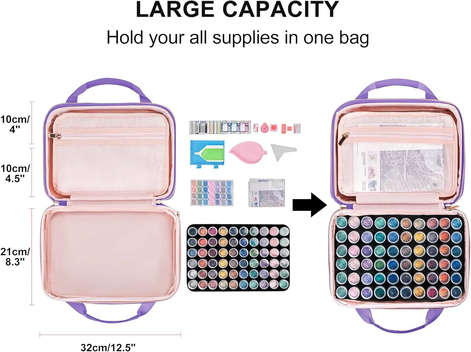 Leudes Diamond Painting Storage Containers, 60 Slots Bead Storage Box for Diamond Art Kits Accessories Organizer Case (Only Bottles and Bag) (Purple-1(60 Jars))