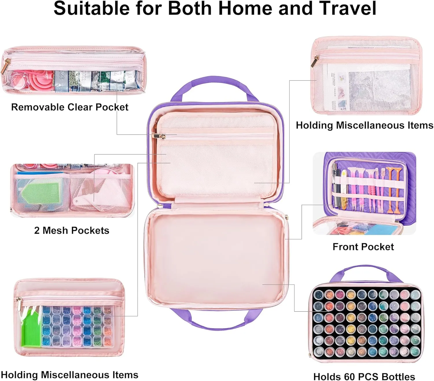 Leudes Diamond Painting Storage Containers, 60 Slots Bead Storage Box for Diamond Art Kits Accessories Organizer Case (Only Bottles and Bag) (Purple-1(60 Jars))