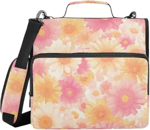 Light Pink Yellow Flowers 3 Rings 1.5 inch Zip Up Binder with Strap Laege Capacity Document Organizer Bag for Middle School