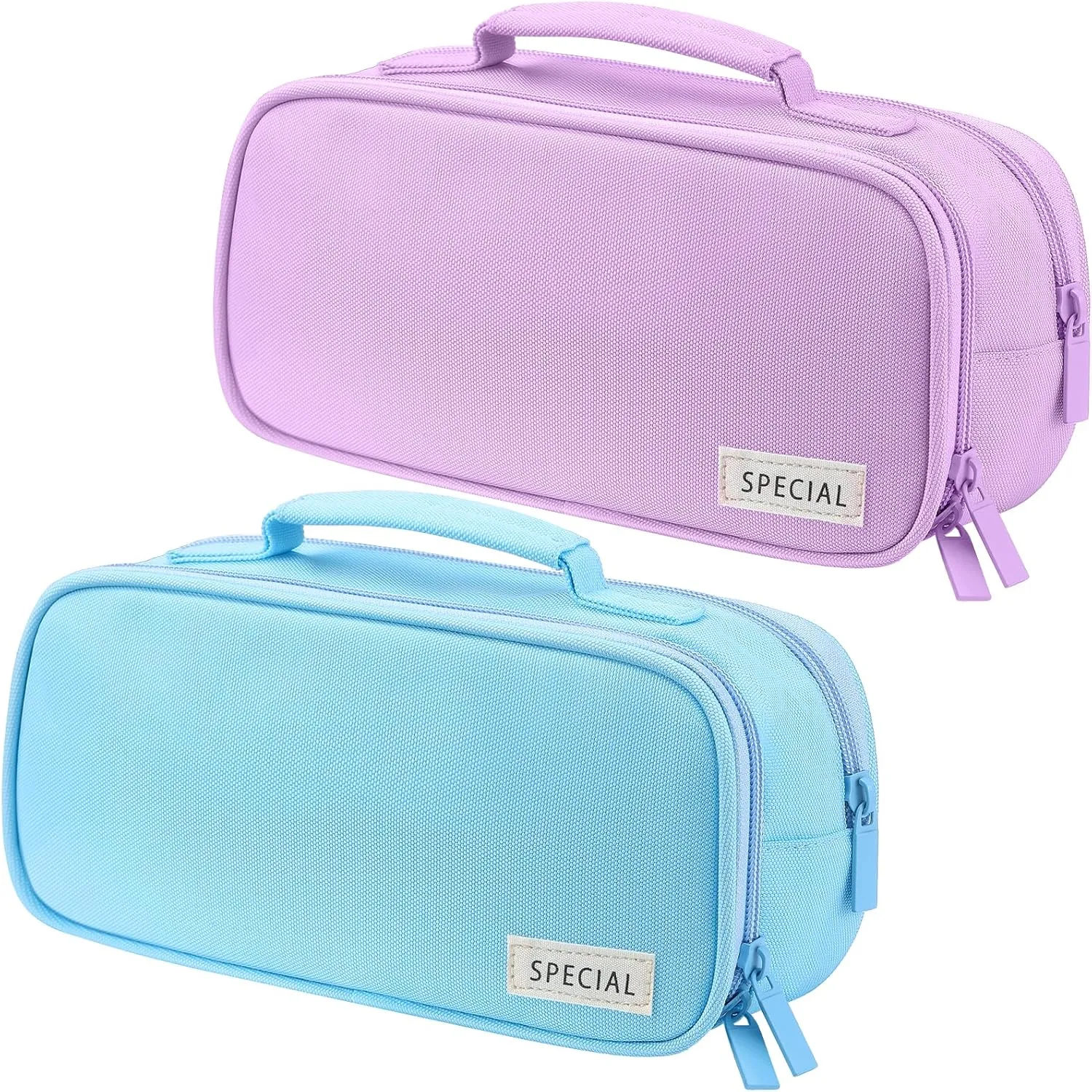 Lincia 2 Pack Large Capacity Pencil Cases with Handles Pen Pouch Organizer Canvas Pencil Bag Portable Makeup Bag Multi-slot Pen Bag Pouch Travel Holder Box for Office Supplies(Blue,Purple)