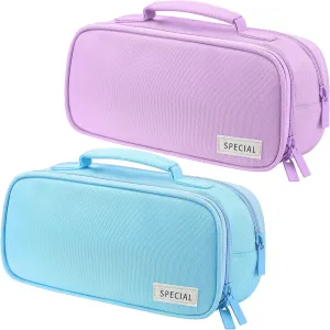 Lincia 2 Pack Large Capacity Pencil Cases with Handles Pen Pouch Organizer Canvas Pencil Bag Portable Makeup Bag Multi-slot Pen Bag Pouch Travel Holder Box for Office Supplies(Blue,Purple)