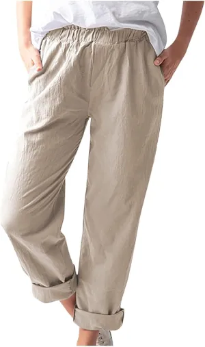 Linen Pants for Women Trendy 2024 Casual Summer Lightweight Straight Leg Pant Elastic High Waist Lounge Trousers