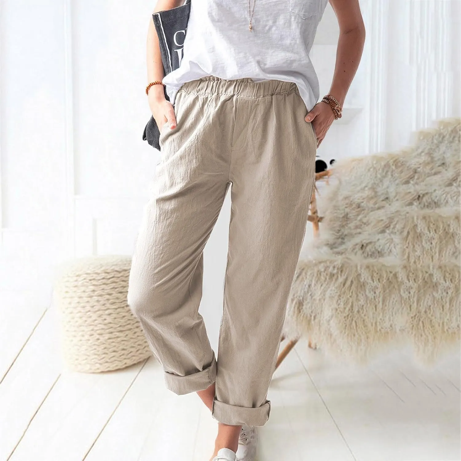 Linen Pants for Women Trendy 2024 Casual Summer Lightweight Straight Leg Pant Elastic High Waist Lounge Trousers