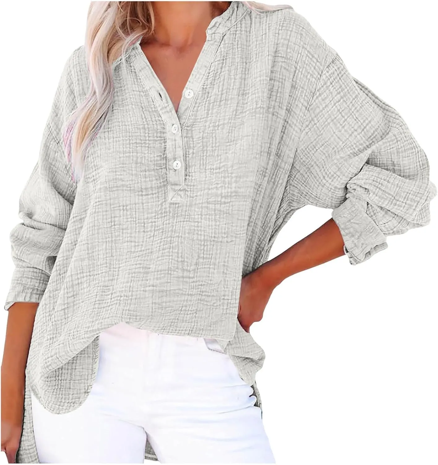 Linen Shirts for Women Casual Button V Neck Long Sleeve Shirts Oversized Solid Blouses Tops for Women Trendy Summer 2025