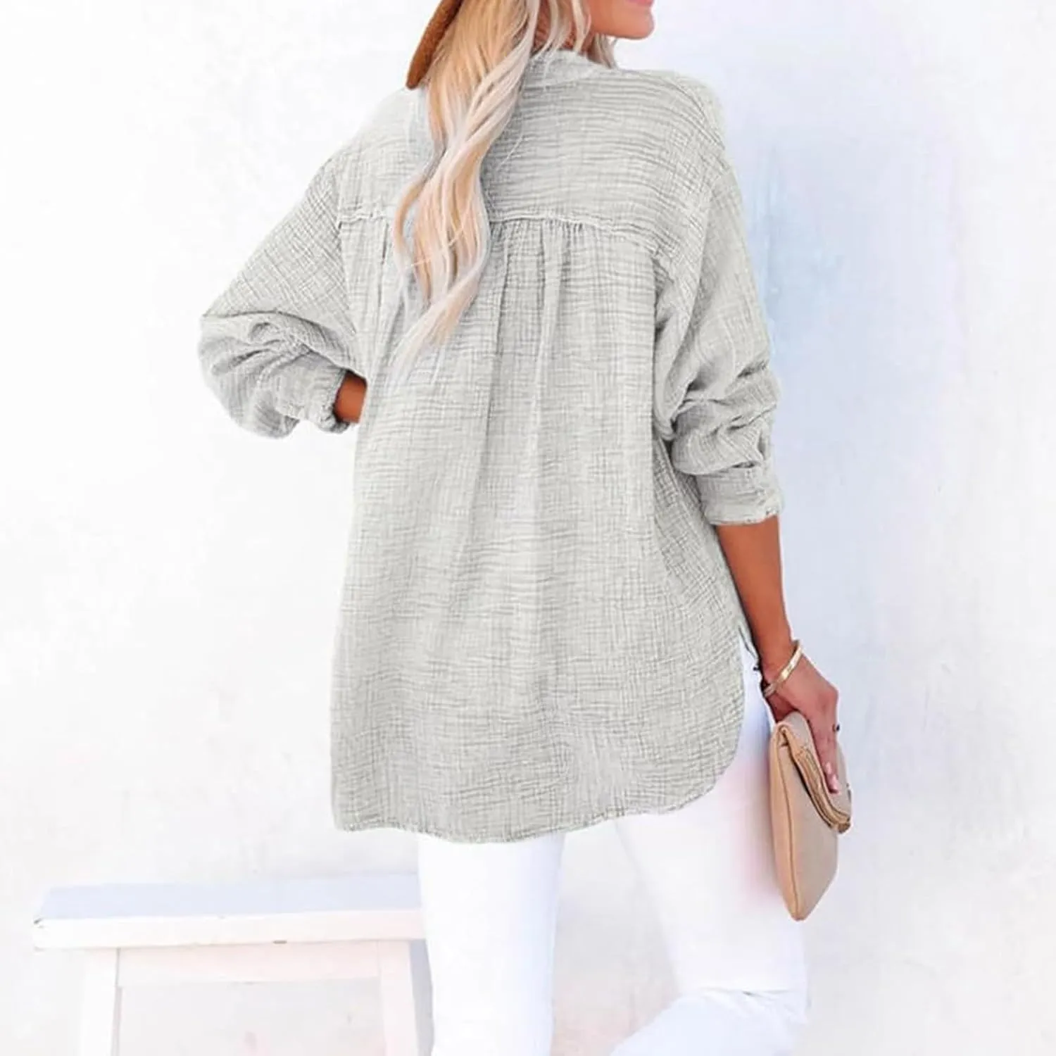 Linen Shirts for Women Casual Button V Neck Long Sleeve Shirts Oversized Solid Blouses Tops for Women Trendy Summer 2025