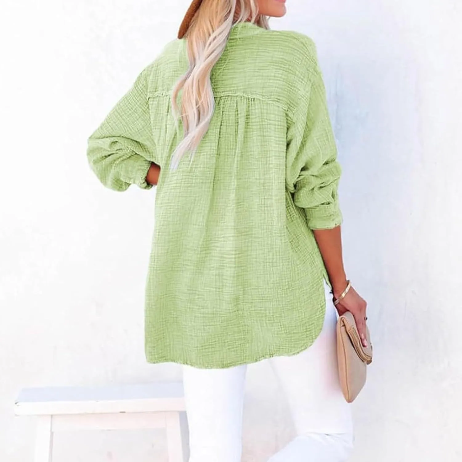 Linen Shirts for Women Casual Button V Neck Long Sleeve Shirts Oversized Solid Blouses Tops for Women Trendy Summer 2025