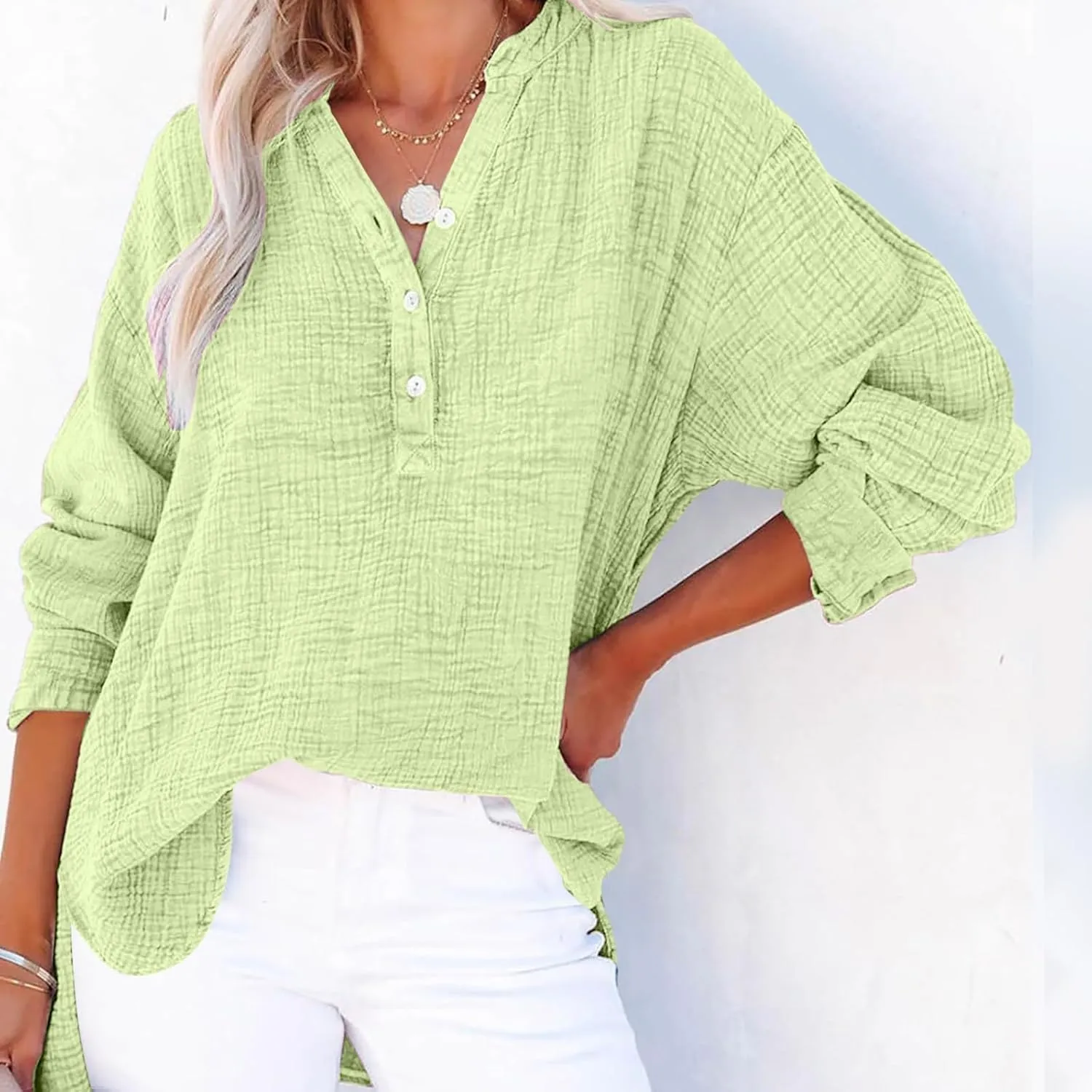 Linen Shirts for Women Casual Button V Neck Long Sleeve Shirts Oversized Solid Blouses Tops for Women Trendy Summer 2025