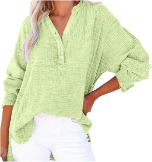 Linen Shirts for Women Casual Button V Neck Long Sleeve Shirts Oversized Solid Blouses Tops for Women Trendy Summer 2025