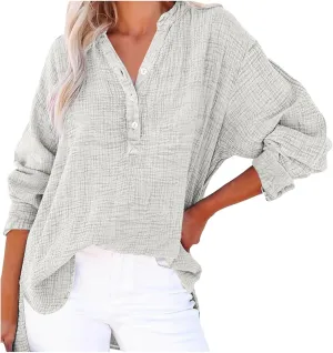 Linen Shirts for Women Casual Button V Neck Long Sleeve Shirts Oversized Solid Blouses Tops for Women Trendy Summer 2025
