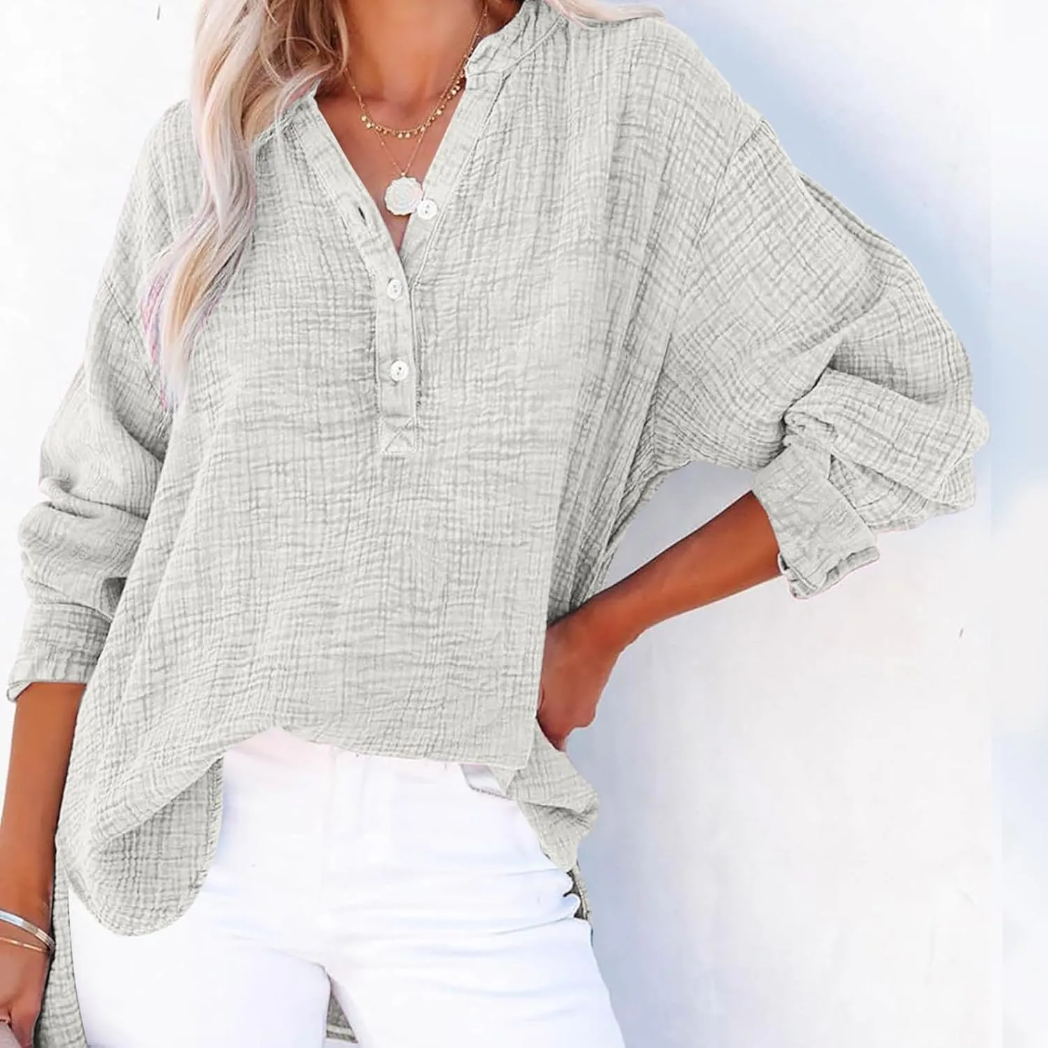 Linen Shirts for Women Casual Button V Neck Long Sleeve Shirts Oversized Solid Blouses Tops for Women Trendy Summer 2025
