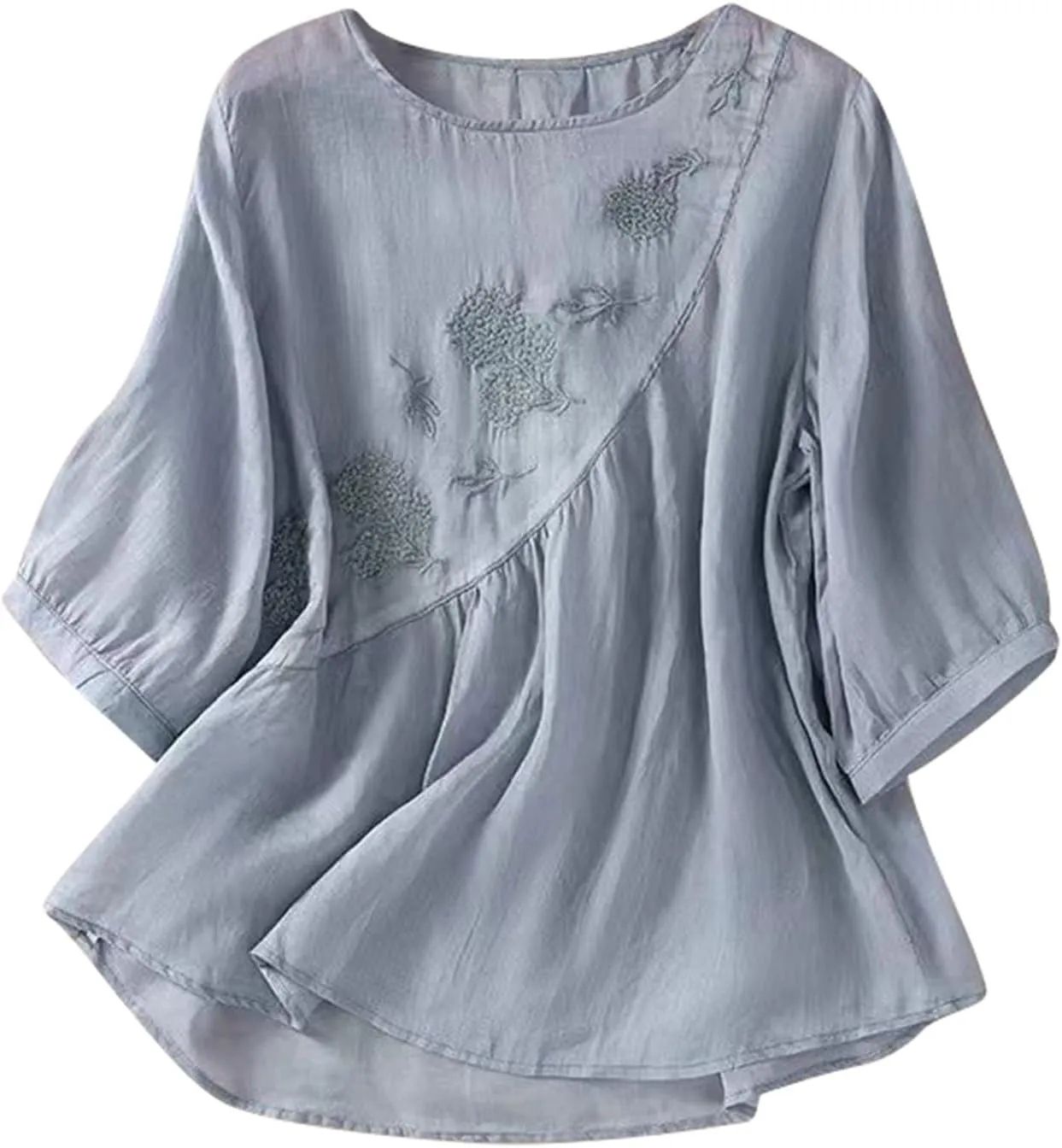 Linen Shirts for Women Vintage Embroidered Blouse Short Sleeve Summer Casual Dressy Loose Crew Neck Boho Tops