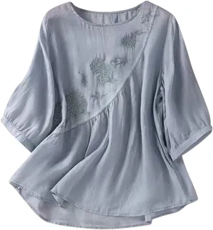 Linen Shirts for Women Vintage Embroidered Blouse Short Sleeve Summer Casual Dressy Loose Crew Neck Boho Tops