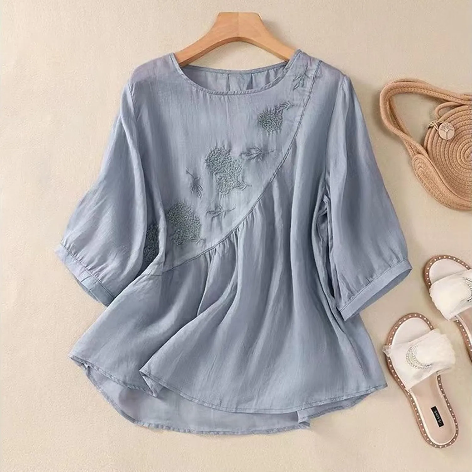 Linen Shirts for Women Vintage Embroidered Blouse Short Sleeve Summer Casual Dressy Loose Crew Neck Boho Tops