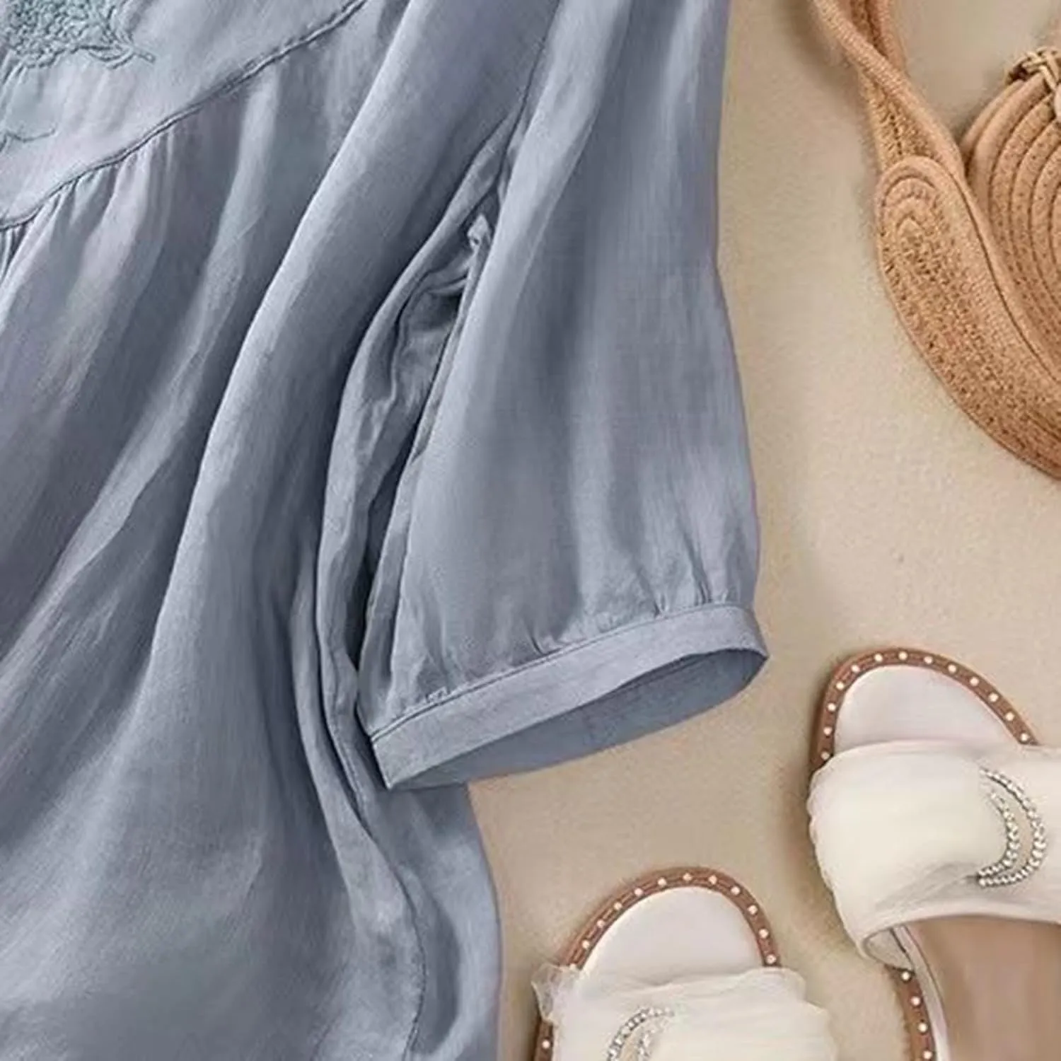 Linen Shirts for Women Vintage Embroidered Blouse Short Sleeve Summer Casual Dressy Loose Crew Neck Boho Tops
