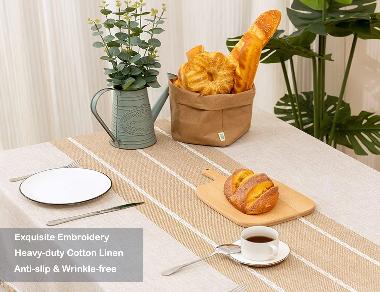Linen Table Cloth Waterproof Cotton Fabric Farmhouse Burlap Rustic Boho Oblong Tablecloth for Party Holiday, Camping,Picnic,Kitchen and Dining Room Table Decor, Rectangle 55"x 102"