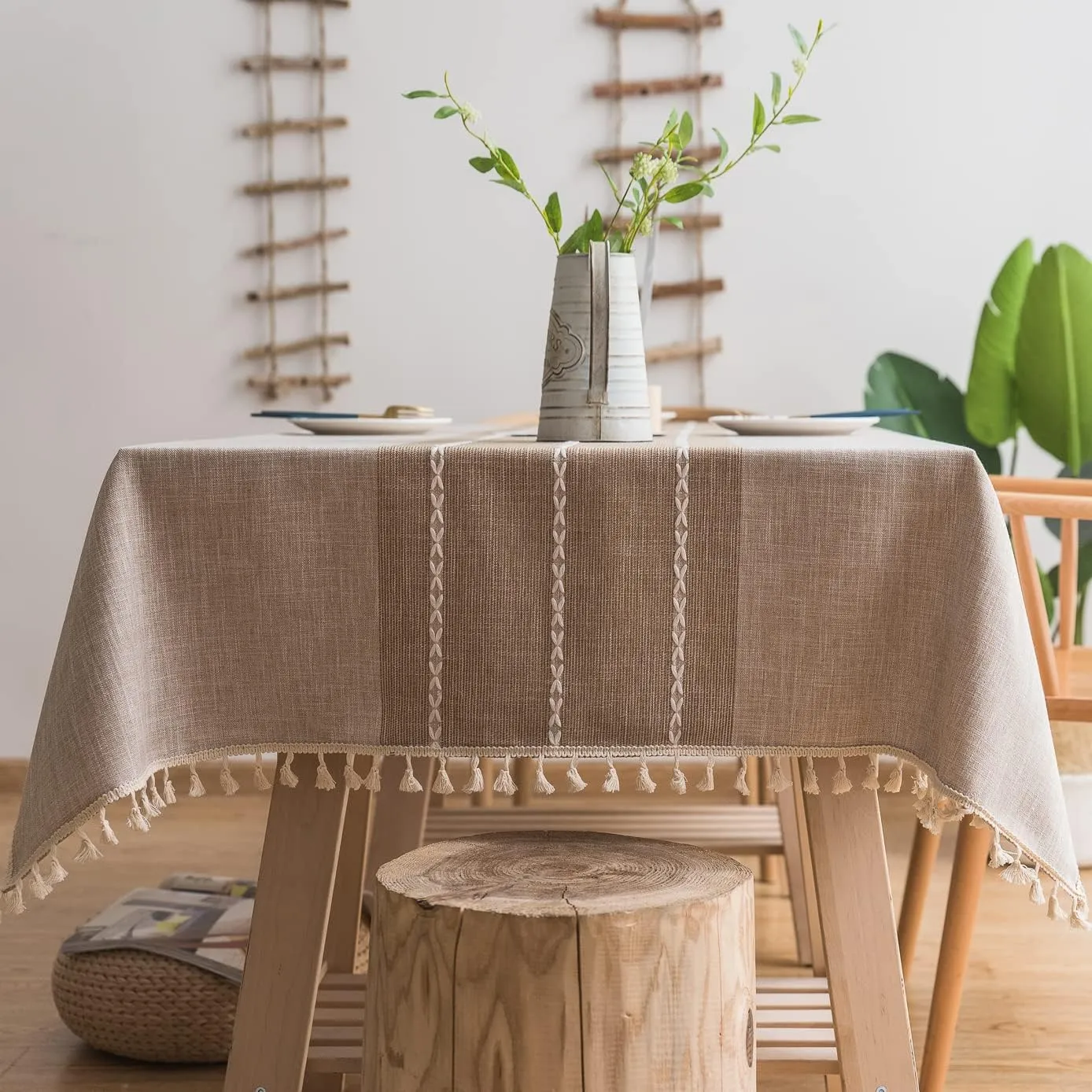 Linen Table Cloth Waterproof Cotton Fabric Farmhouse Burlap Rustic Boho Oblong Tablecloth for Party Holiday, Camping,Picnic,Kitchen and Dining Room Table Decor, Rectangle 55"x 102"