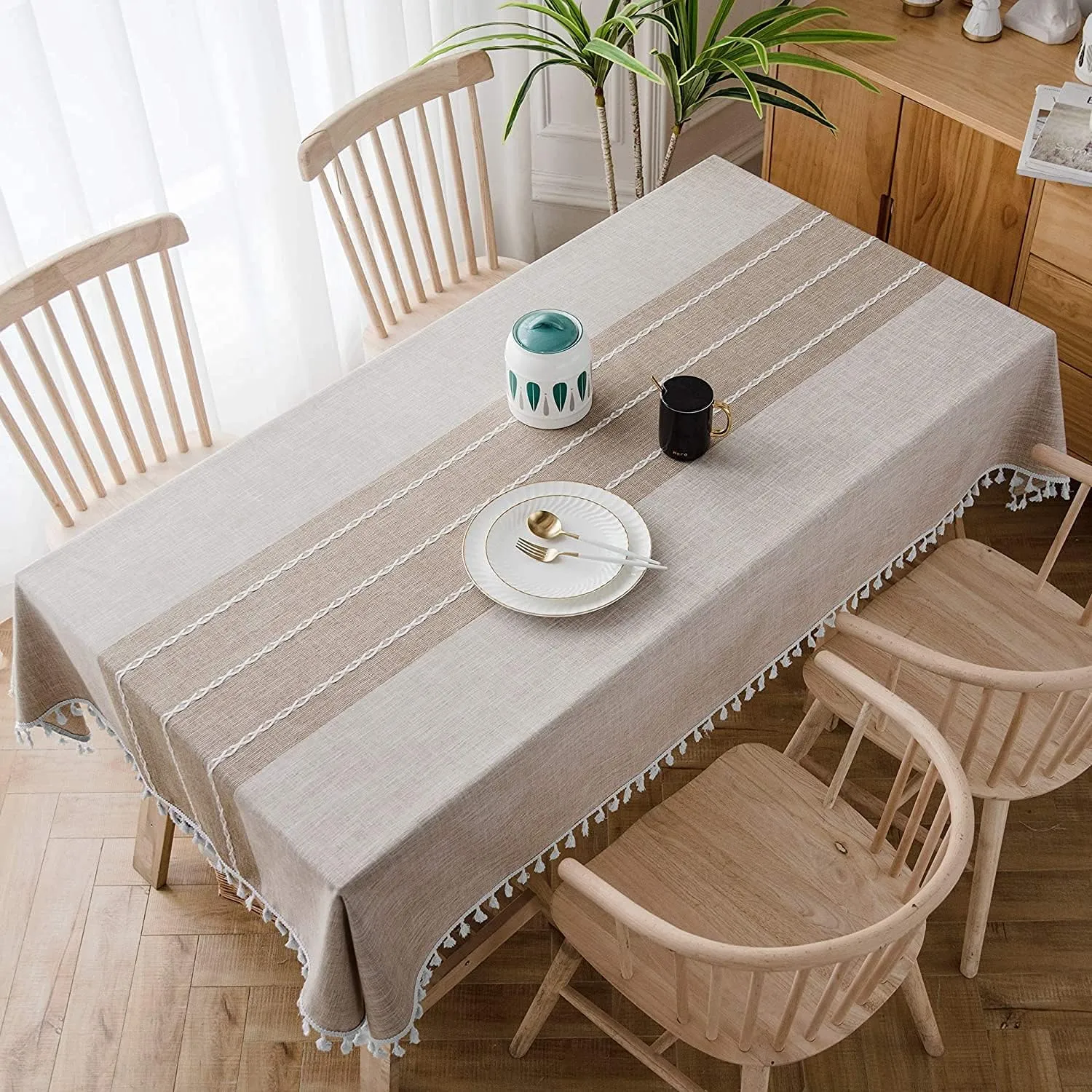 Linen Table Cloth Waterproof Cotton Fabric Farmhouse Burlap Rustic Boho Oblong Tablecloth for Party Holiday, Camping,Picnic,Kitchen and Dining Room Table Decor, Rectangle 55"x 102"