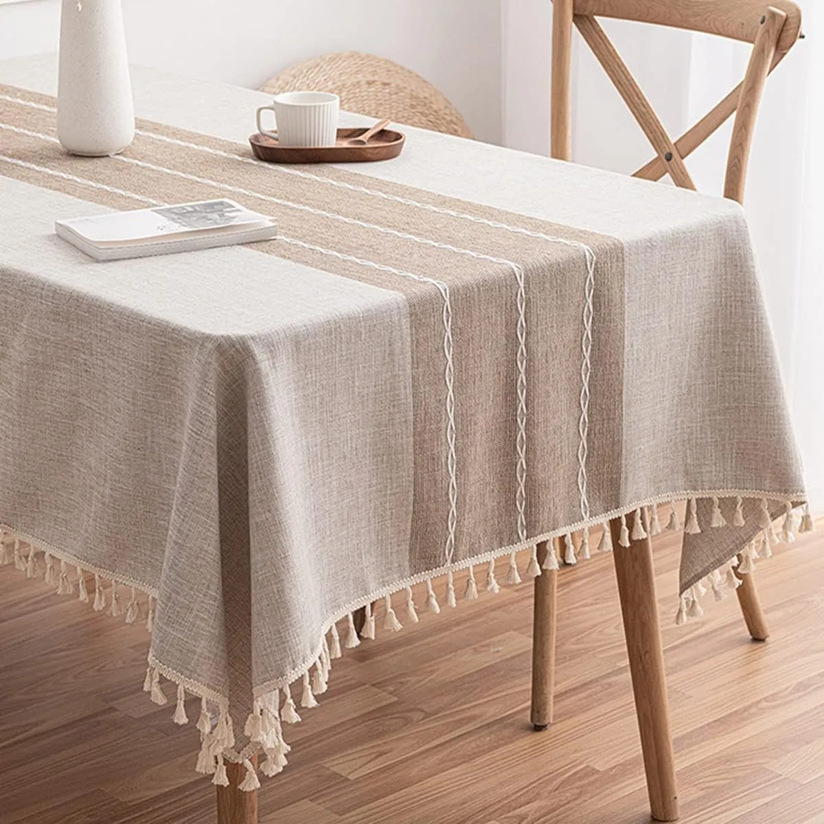 Linen Table Cloth Waterproof Cotton Fabric Farmhouse Burlap Rustic Boho Oblong Tablecloth for Party Holiday, Camping,Picnic,Kitchen and Dining Room Table Decor, Rectangle 55"x 102"
