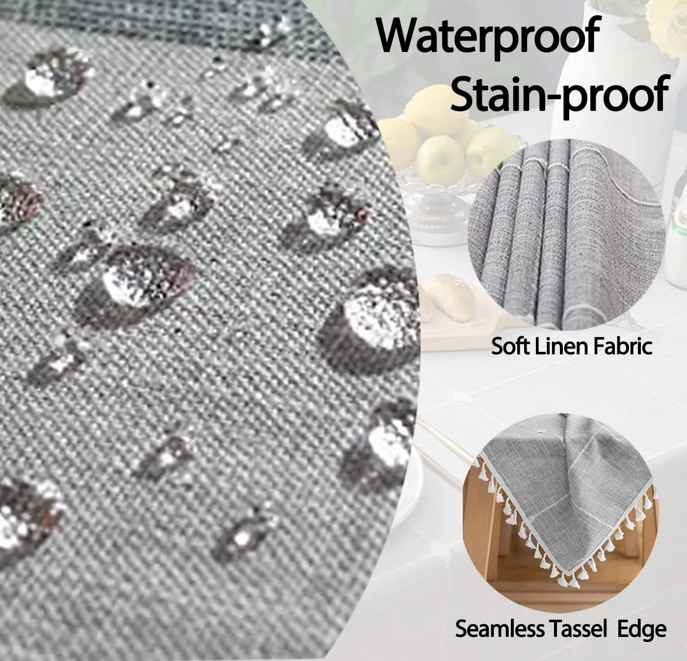 Linen Table Cloth Waterproof Cotton Fabric Farmhouse Rustic Boho Gray Plaid Tasseled Oblong Tablecloth for Party Holiday,Camping,Picnic,Kitchen Coffee and Dining Room Table Decor, Rectangle 55"x 102"