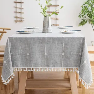 Linen Table Cloth Waterproof Cotton Fabric Farmhouse Rustic Boho Gray Plaid Tasseled Oblong Tablecloth for Party Holiday,Camping,Picnic,Kitchen Coffee and Dining Room Table Decor, Rectangle 55"x 102"