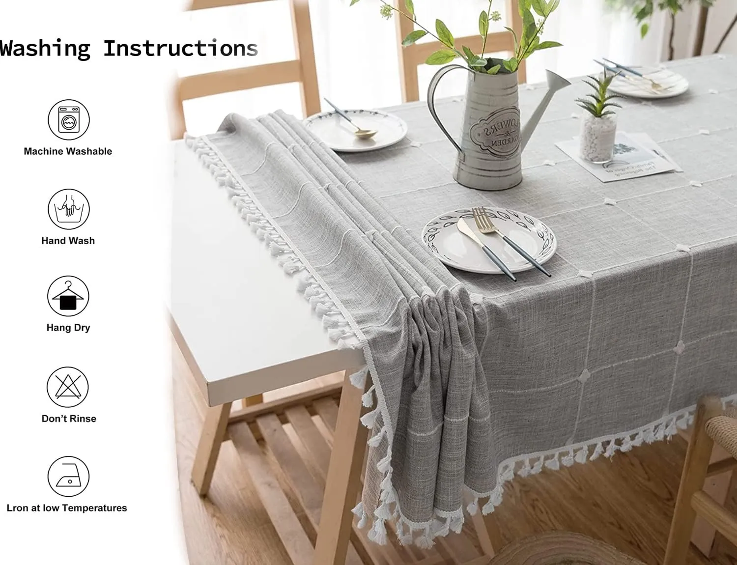 Linen Table Cloth Waterproof Cotton Fabric Farmhouse Rustic Boho Gray Plaid Tasseled Oblong Tablecloth for Party Holiday,Camping,Picnic,Kitchen Coffee and Dining Room Table Decor, Rectangle 55"x 102"