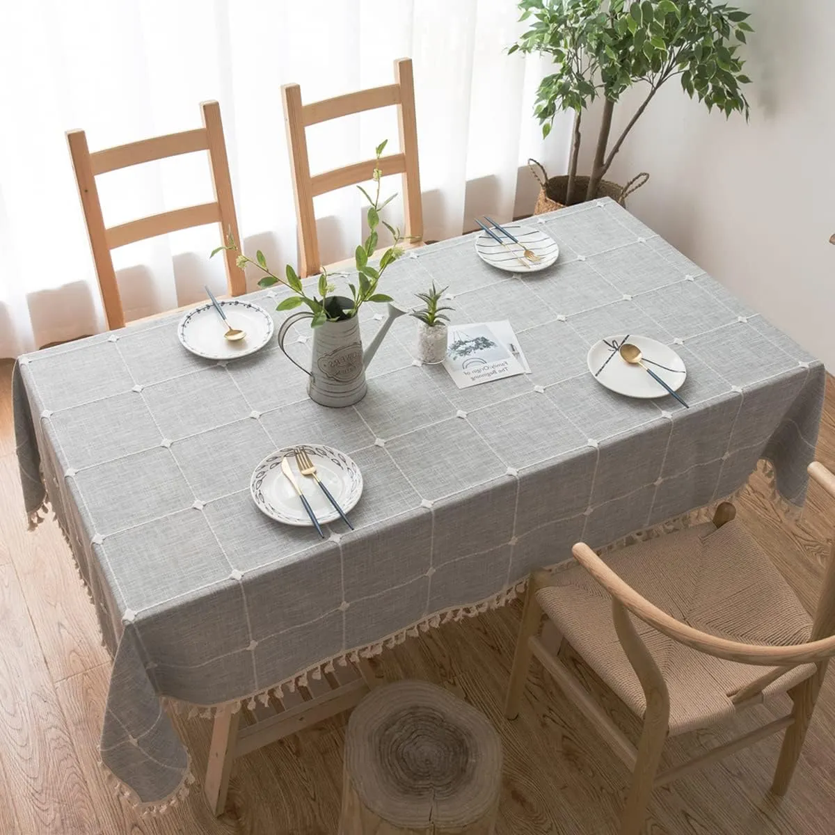 Linen Table Cloth Waterproof Cotton Fabric Farmhouse Rustic Boho Gray Plaid Tasseled Oblong Tablecloth for Party Holiday,Camping,Picnic,Kitchen Coffee and Dining Room Table Decor, Rectangle 55"x 102"