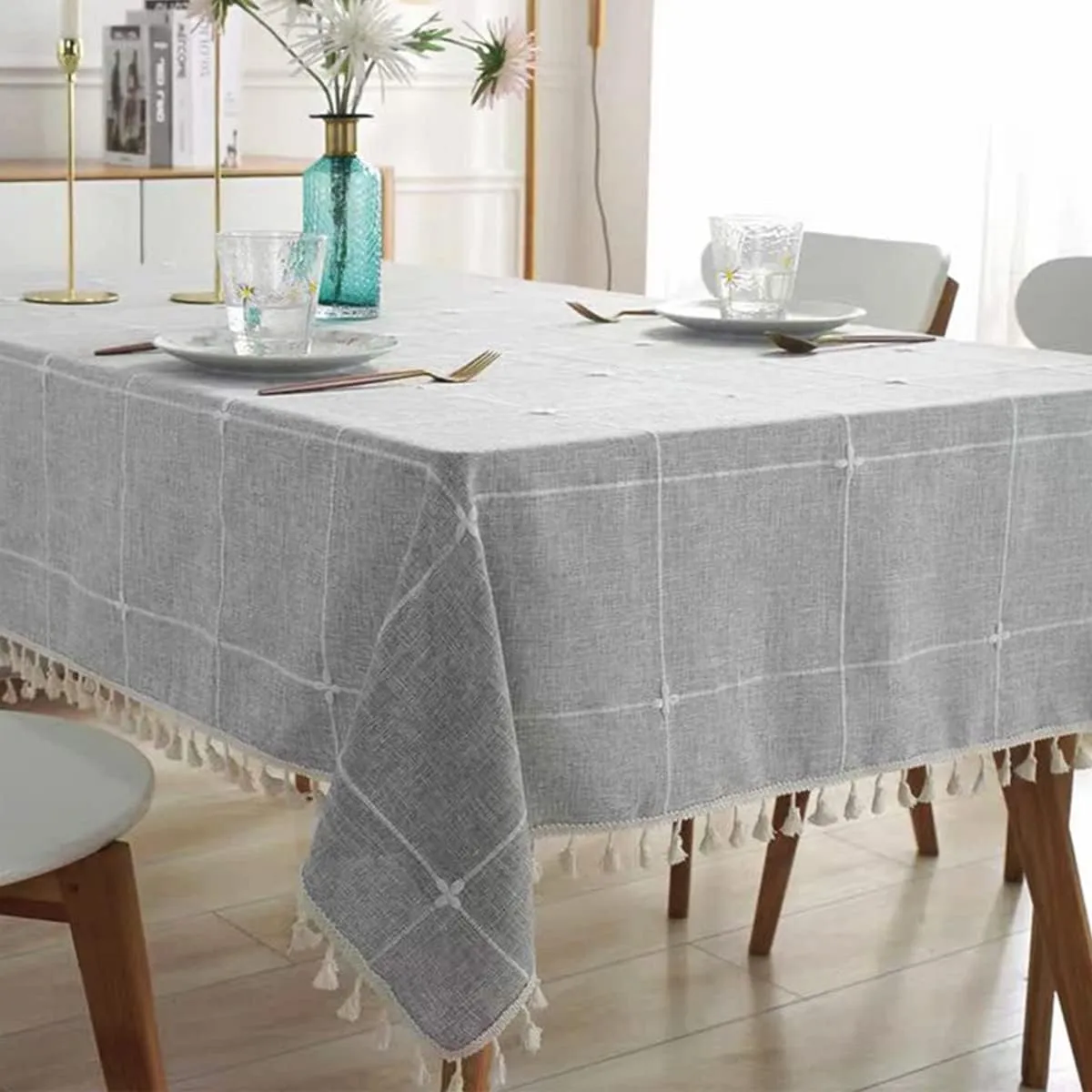 Linen Table Cloth Waterproof Cotton Fabric Farmhouse Rustic Boho Gray Plaid Tasseled Oblong Tablecloth for Party Holiday,Camping,Picnic,Kitchen Coffee and Dining Room Table Decor, Rectangle 55"x 102"