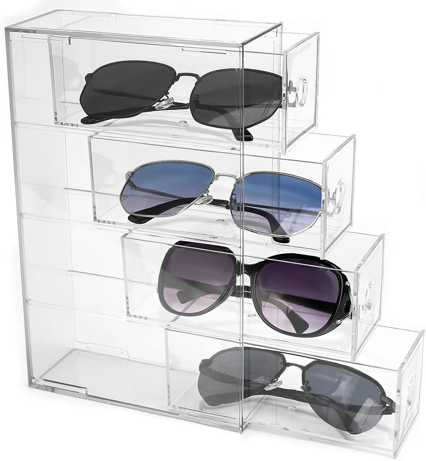 Linkidea Acrylic Sunglasses Organizer for Extra Large Sunglasses, Glasses Holder Sunglass Display Stand with 4 Drawers
