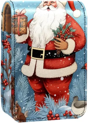 Lipstick Case,Leather Lip Gloss Lipstick Organizer with Mirror,Mini Lipstick Holder Bag,Christmas Card with Santa Cartoon