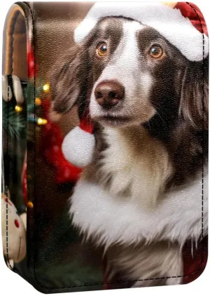 Lipstick Case,Leather Lip Gloss Lipstick Organizer with Mirror,Mini Lipstick Holder Bag,Christmas Puppy Dog