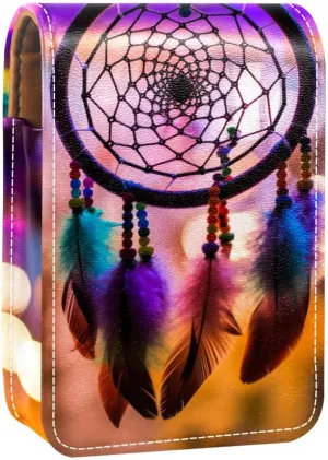 Lipstick Case,Leather Lip Gloss Lipstick Organizer with Mirror,Mini Lipstick Holder Bag,Dreamcatcher Light Rainbow