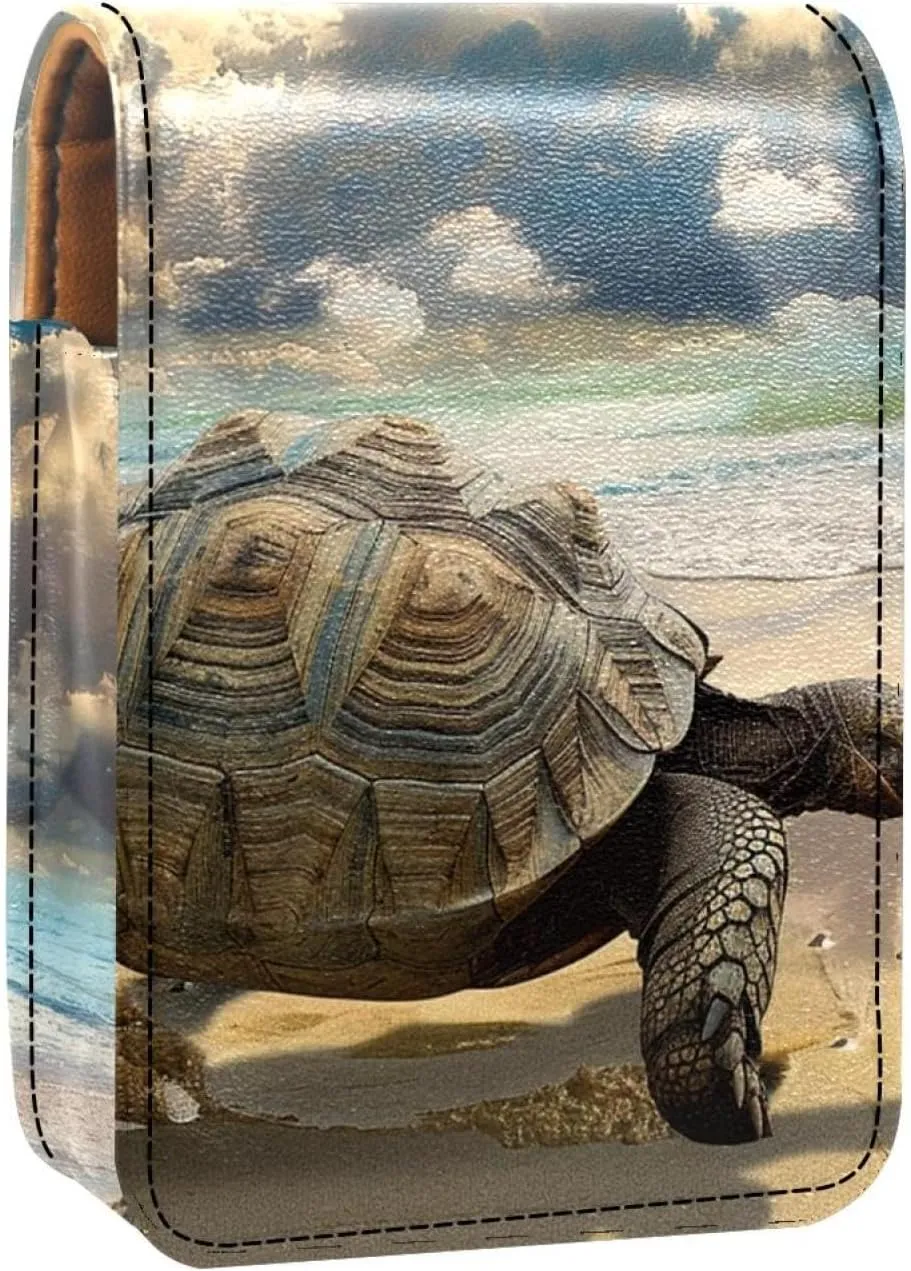 Lipstick Case,Leather Lip Gloss Lipstick Organizer with Mirror,Mini Lipstick Holder Bag,Sea Turtle Beach