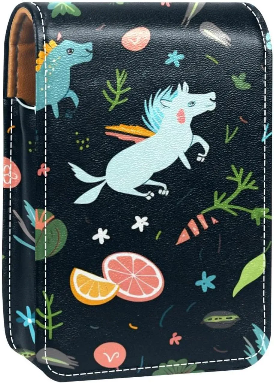 Lipstick Case,Leather Lip Gloss Lipstick Organizer with Mirror,Mini Lipstick Holder Bag,Unicorn in Galaxy Space