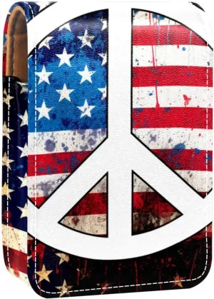 Lipstick Case,Leather Lip Gloss Lipstick Organizer with Mirror,Mini Lipstick Holder Bag,Vintage American Flag Peace Love Sign